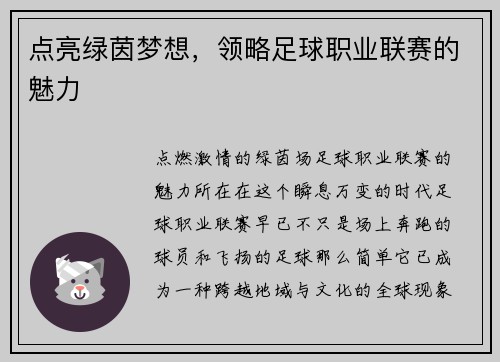 点亮绿茵梦想，领略足球职业联赛的魅力