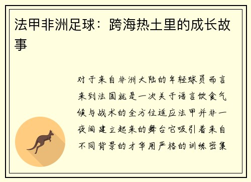 法甲非洲足球：跨海热土里的成长故事