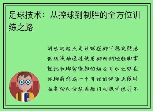 足球技术：从控球到制胜的全方位训练之路